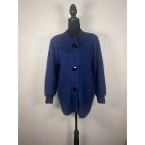 80% Angora Fuzzy Vintage VENESHA Blue Lined‎ Sweater Coat S Sweater Button